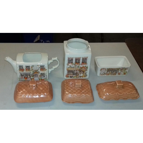 80 - Sadler Cottageware pottery teapot, biscuit barrel and butter dish