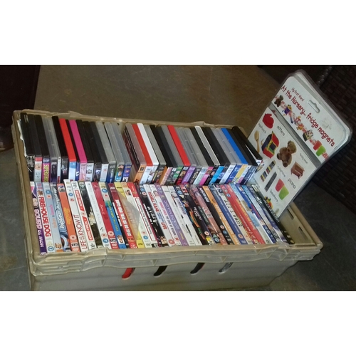 348 - Plastic tray of assorted DVDs and 5 x new toddlers fridge magnet word and picture packs