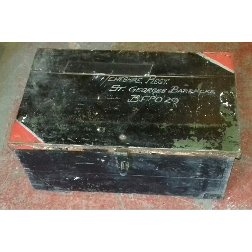 274 - 67 x 41 x 30 cm metal cornered pine box (Cheshire regiment St George's Barracks) containing assorted... 