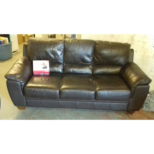 420 - Brown leather Harvey’s 3 seater couch with matching chair and leather care cleaning kit