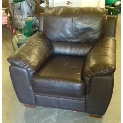 420 - Brown leather Harvey’s 3 seater couch with matching chair and leather care cleaning kit