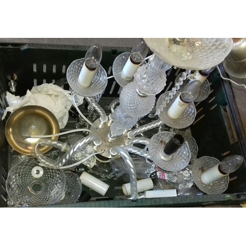 297 - Crystal multiple armed chandelier ceiling light, some arms smashed or damaged