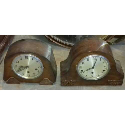 248 - 2 x 1930's Oak mantel clocks with pendulums but no keys