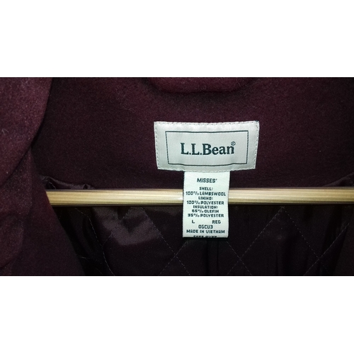 214 - Ladies LL BEAN dry clean only lambs wool mid length coat with hood size large