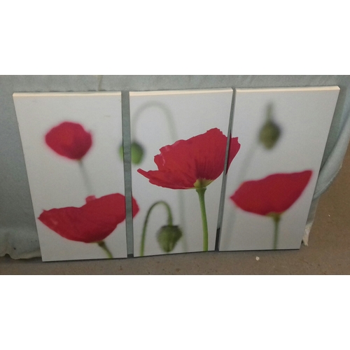 134 - Job lot of 3 x canvas pictures, 89 x 63 cm silver framed mirror, 9 a joined small round phased block... 