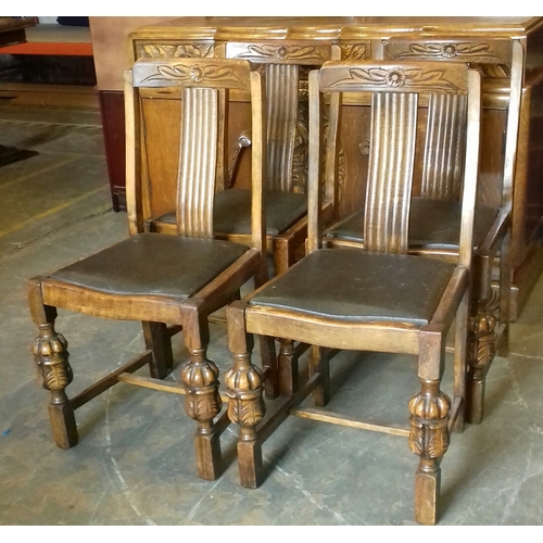 397 - Old oak draw leaf table and 4 chairs, main section with Formica top