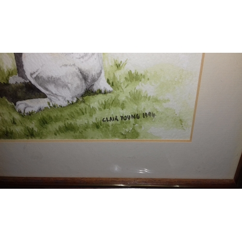 130 - 43 x 33cm water colour painting of Labradors and cat, possibly commissioned, signed Clair Young 1984