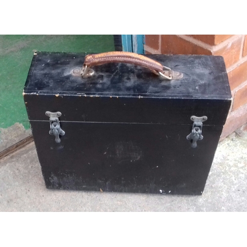 144 - Vintage wooden odds and sods box with leather carry handle