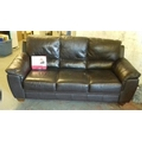 381 - Brown leather Harvey’s 3 seater couch with matching chair and leather care cleaning kit