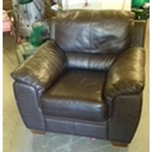 381 - Brown leather Harvey’s 3 seater couch with matching chair and leather care cleaning kit