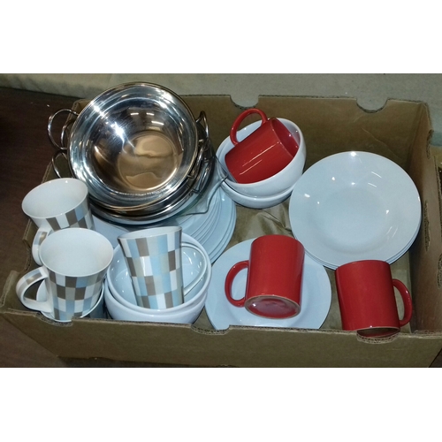 287 - Box of assorted plain crockery and cups etc