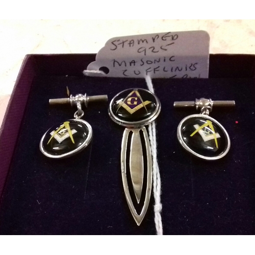 550 - 925 stamped silver masonic cufflinks and tie pin