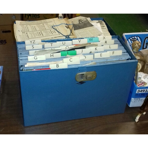 165 - Vintage metal filing box with assorted mainly 1950's newspapers and clippings