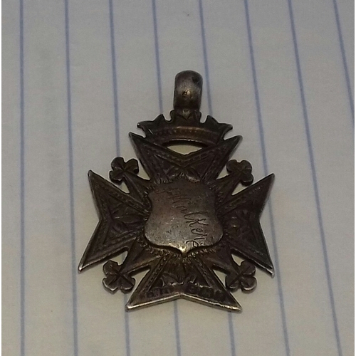 559 - Birmingham hallmarked silver Maltese cross pendant with gold shield front and detailing. Back engrav... 