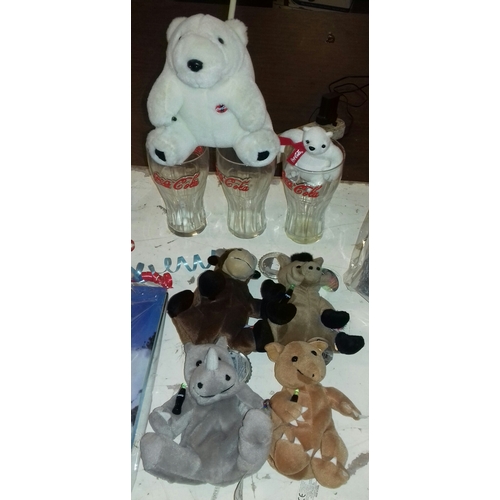 224 - Coca Cola bundle of glasses, beanie animals and soft toys