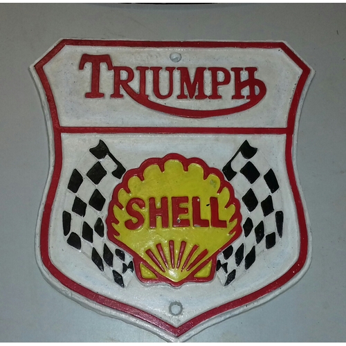 278 - 24 x 25 cm shield shaped cast iron Triumph & Shell sign