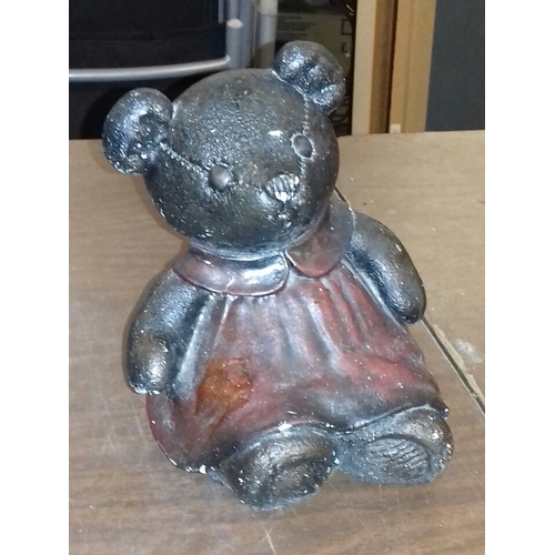 137 - Heavy bronzed look teddy bear sat down door stop/garden ornament