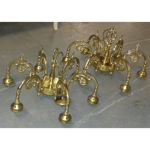 299 - Pair of heavy brass 6 arm chandelier ceiling lights