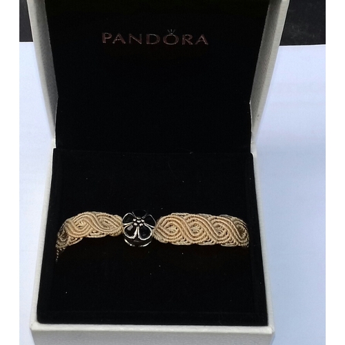 554 - Genuine Pandora macrame bracelet with flower charm in box