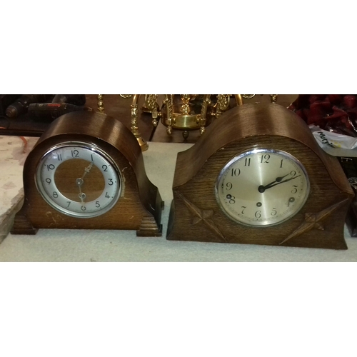 282 - 2 x vintage wooden mantle clocks with keys, believed working but each missing pendulum