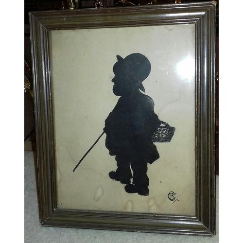 46 - 27 x 22 cm framed fisherman silhouette initialled SC or CS