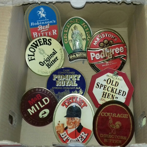 217 - Box of assorted metal and plastic beer pump clips/labels