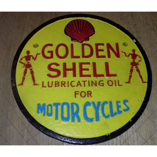 273 - Approx' 24 cm diameter painted cast Golden Shell motorcycle oil sign/plaque