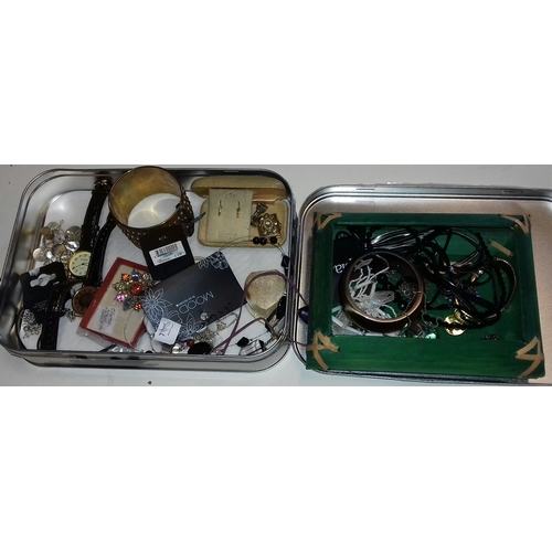 362 - Tin and wooden trinket box with assorted fashion jewellery