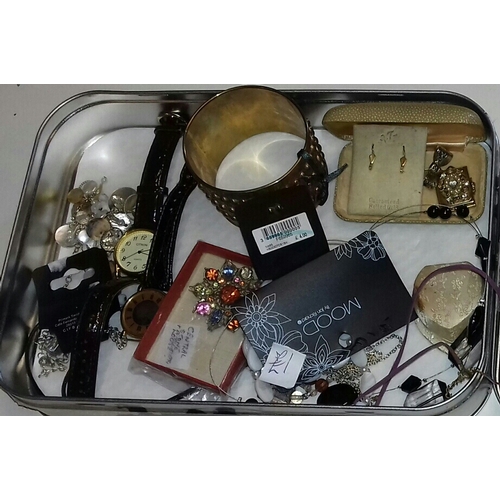 362 - Tin and wooden trinket box with assorted fashion jewellery