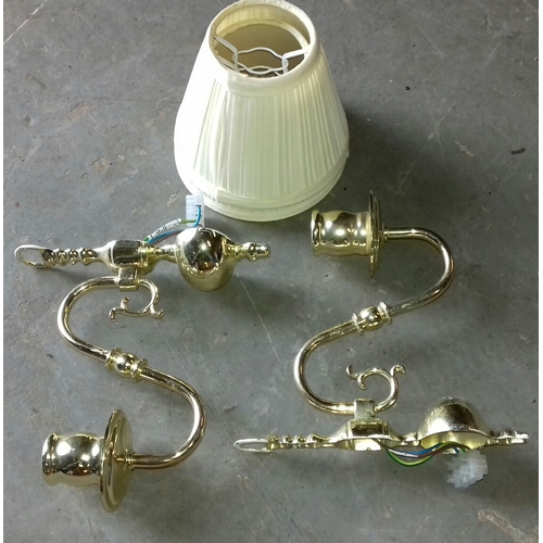 271 - Pair of brass look single arm wall lights with shades