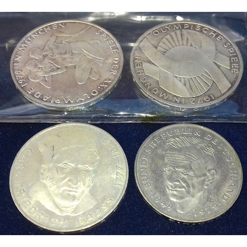 524 - 2 x 1972 German Munich Olympic 10 mark, 1977 5 mark & 1979 2 mark coins