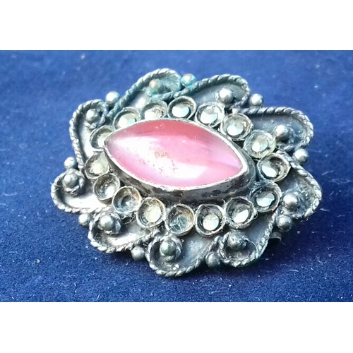 575 - 800 stamped hand made in Greece continental silver brooch with central rose colour stone & marcasite... 