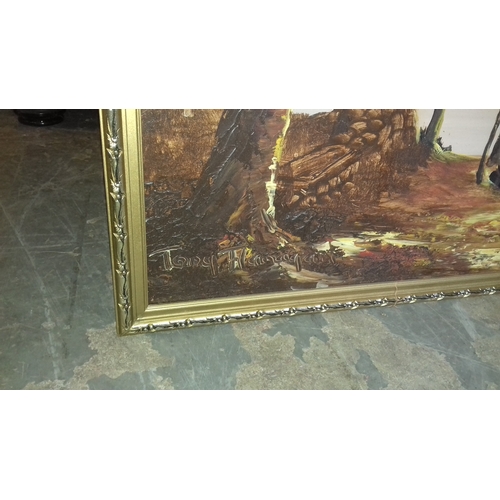 502 - 90 x 52 cm gilt framed tramp on road oil on board painting signed Tony Flanagan