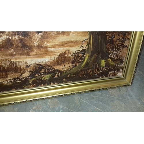 453 - 129 x 53 cm gilt framed thatched cottage by lake oil on board painting signed Tony Flanagan