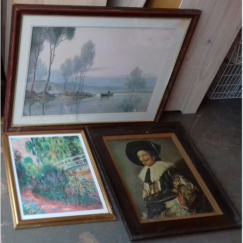 486 - Bundle of 3 x pictures being 88 x 69 cm framed man fishing on lake, Monet & Medici laughing cavalier