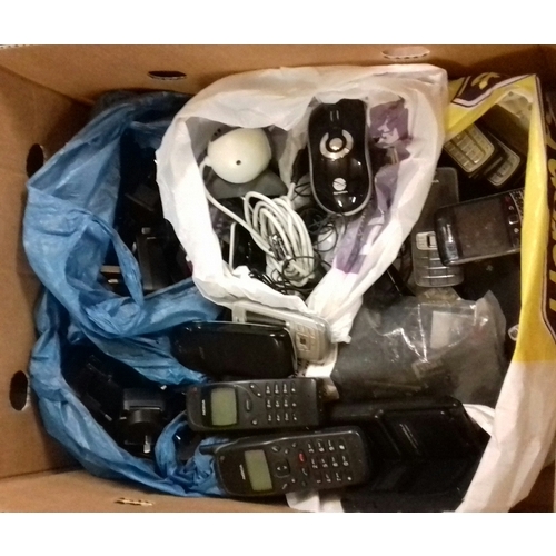 304 - Box of assorted old mobile phones, pc accessories, new 2 and 3 pin plugs with switching power suppli... 