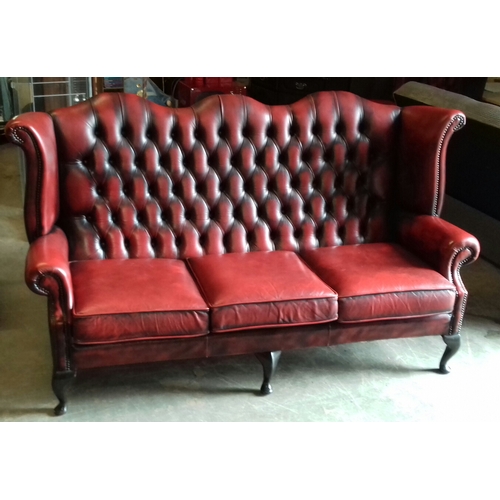 296 - Chesterfield Queen Anne wing back 3 seater oxblood sofa/settee