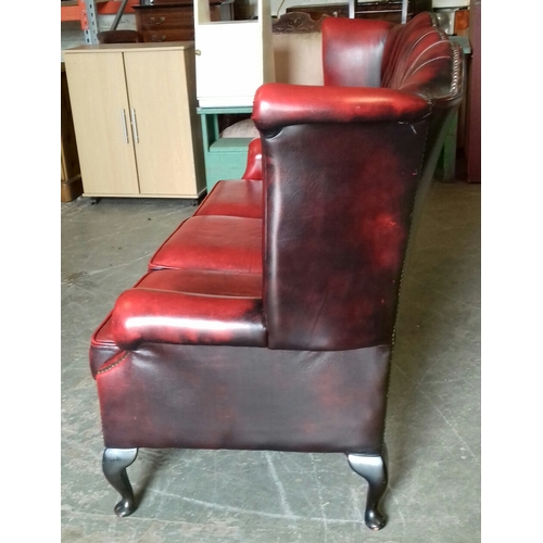 296 - Chesterfield Queen Anne wing back 3 seater oxblood sofa/settee