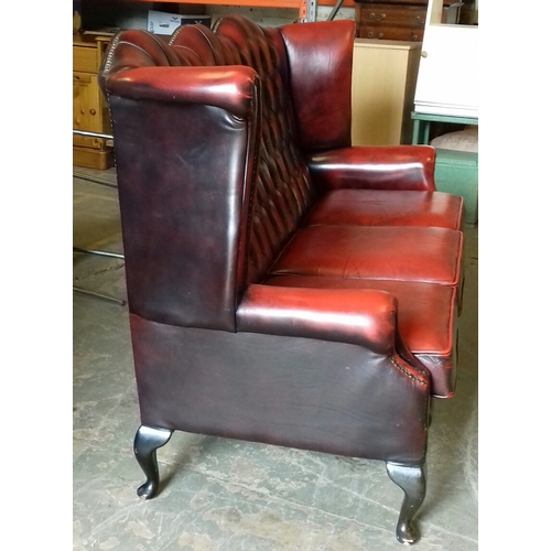 296 - Chesterfield Queen Anne wing back 3 seater oxblood sofa/settee