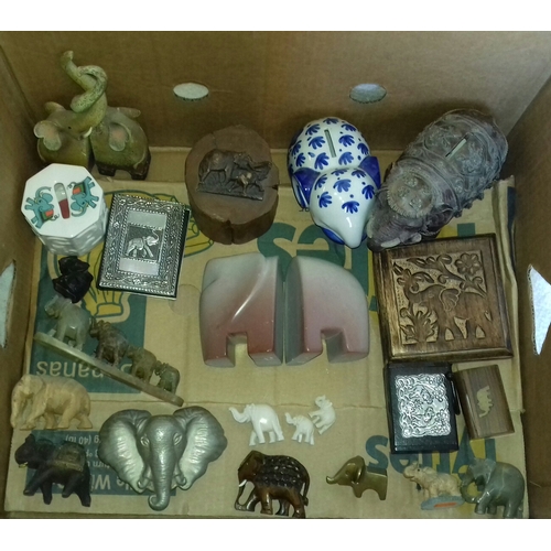 114 - Bundle of assorted elephant figures, brooches, novelty items and boxes etc