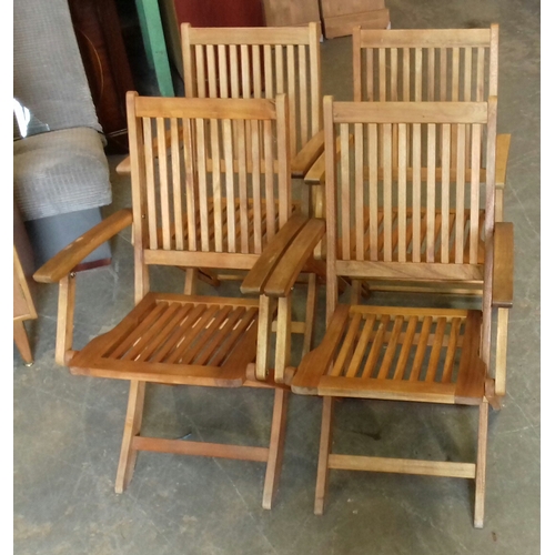 293 - Weathered octagonal folding garden table with 4 x as new Indonesian teak folding chairs plus parasol