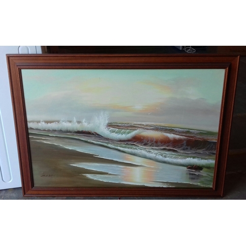 409 - Large 103 x 73 cm framed beachscape at dawn/dusk oil on canvas painting