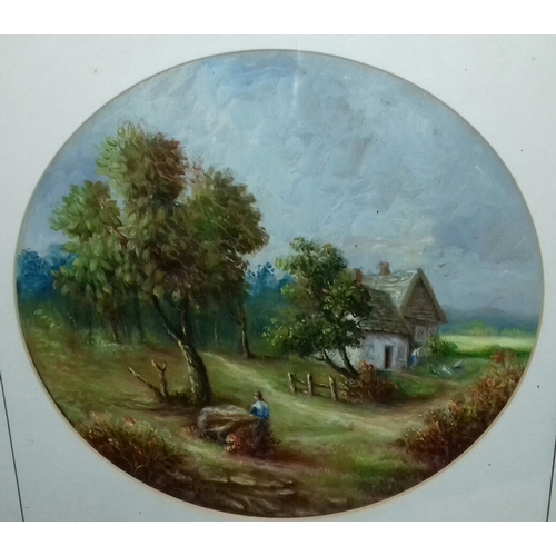 410 - 40.5 x 40.5 cm framed and circular mounted oil on board country scene painting by J.CARABOTT