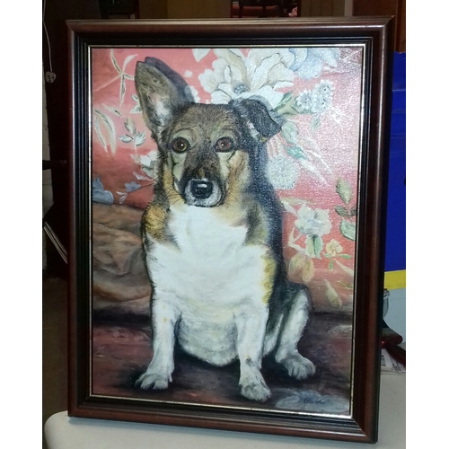 436 - 36 x 46 cm framed oil on canvas painting of Corgi dog sitting signed W, ELLENDEIR?