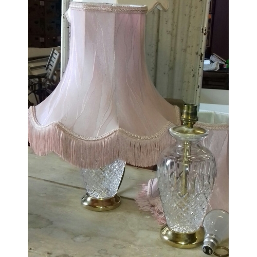 363 - Pair of pressed glass bedside lamps with gilt base and top