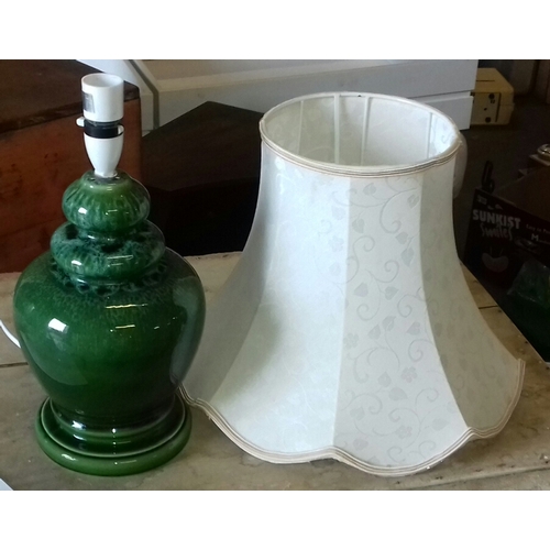 379 - 36 cm tall green ceramic table lamp with cream shade