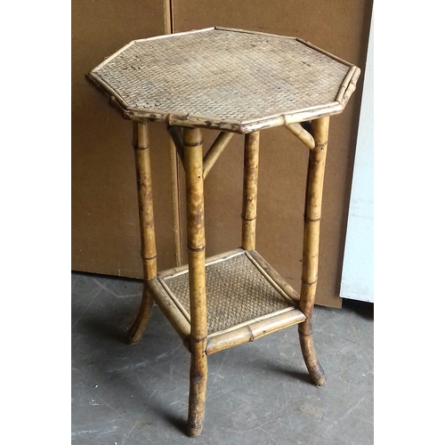 367 - Early 1900's octagonal bamboo with rattan top and under shelf end table