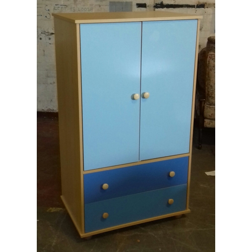 446 - 76 x 51 x 134 cm tall childs blue and pine wardrobe with 2 x under drawers