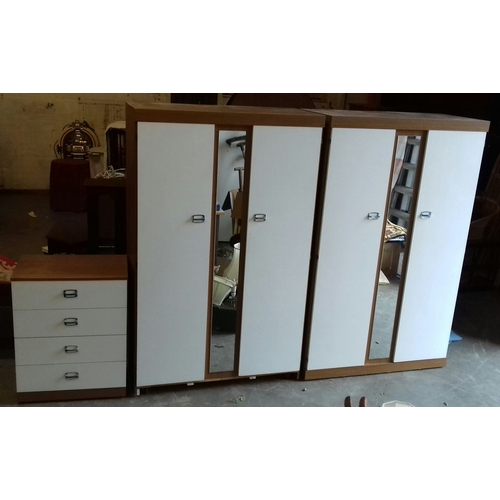 387 - teak and white bedroom suite consisting 2 x double wardrobes and 4 drawer chest