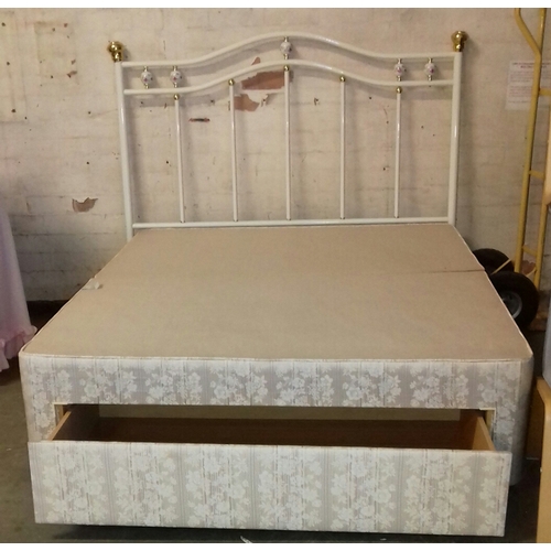 373 - Slumberland double divan bed with single bed width storage drawer at bottom, metal headboard and cle... 